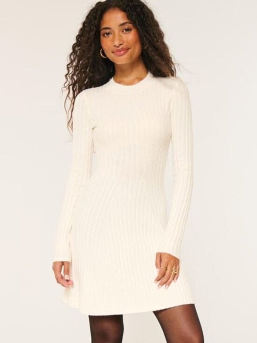 Hollister Ribbed Knit Skater Mini Sweater Dress in Beige Cream Size XL NWT